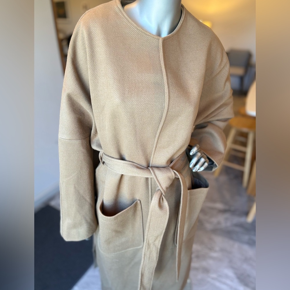 Midi Camel /Caramel Color Open With Tie Waist Round Neck Drop Shoulder Wrap Coat - Picture 14 of 15